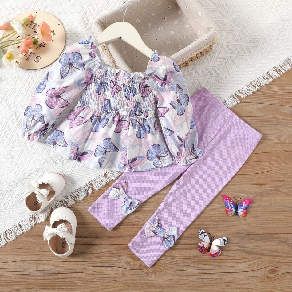 2pcs Baby Girl Allover Butterfly Print Square Neck Long-sleeve Shirred Top and Bow Front Leggings Set Purple