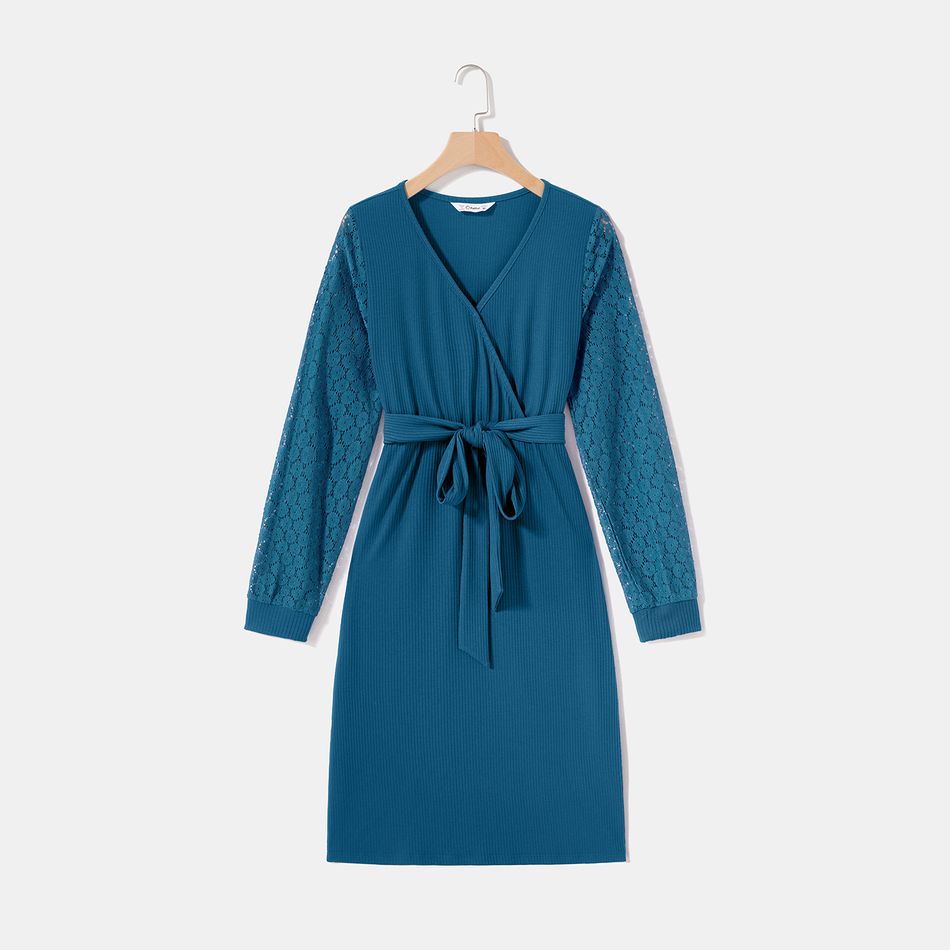 Solid Lace Long-sleeve Spliced Rib Knit Surplice Neck Belted Dress for Mom and Me Peacockblue big image 2