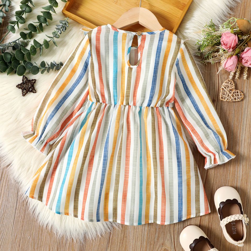 Toddler Girl Stripe Ruffled Bowknot Design Long-sleeve Dress Multi-color big image 2