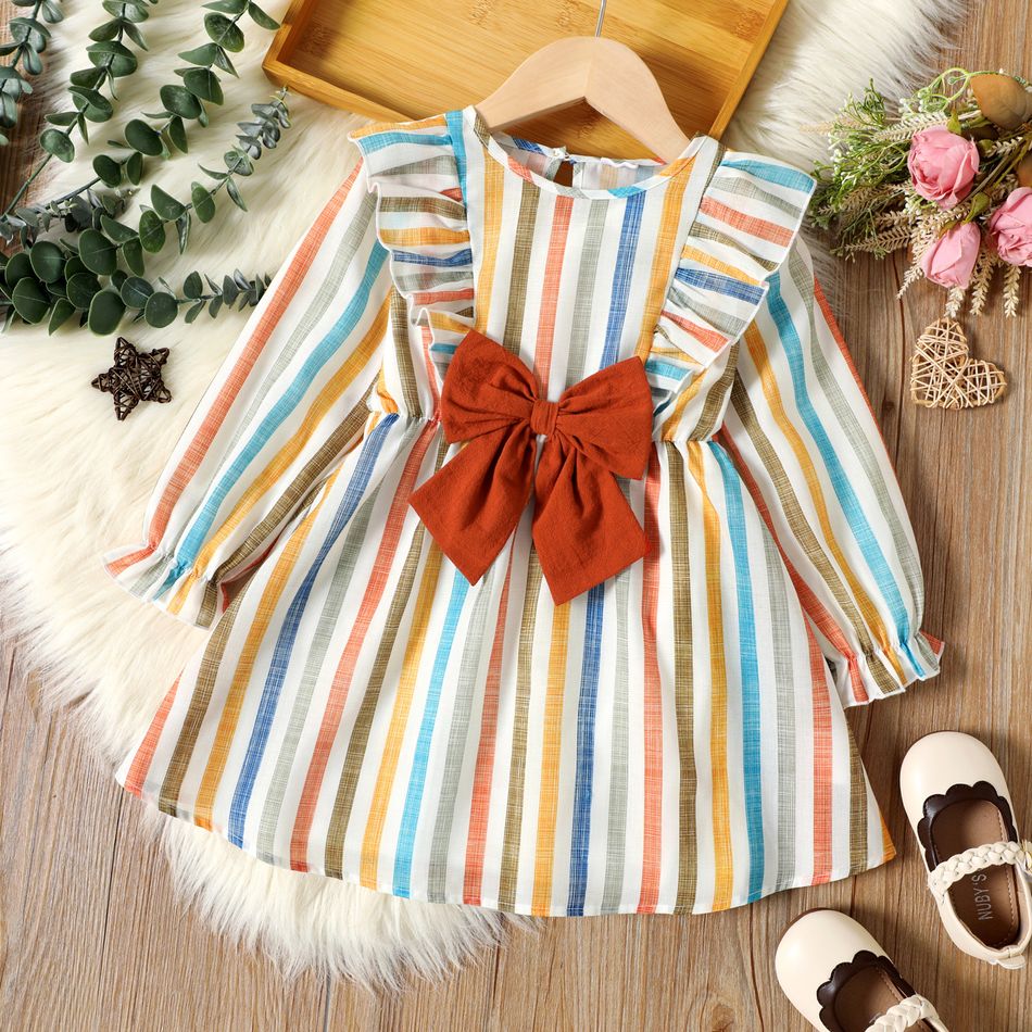 Toddler Girl Stripe Ruffled Bowknot Design Long-sleeve Dress Multi-color big image 1