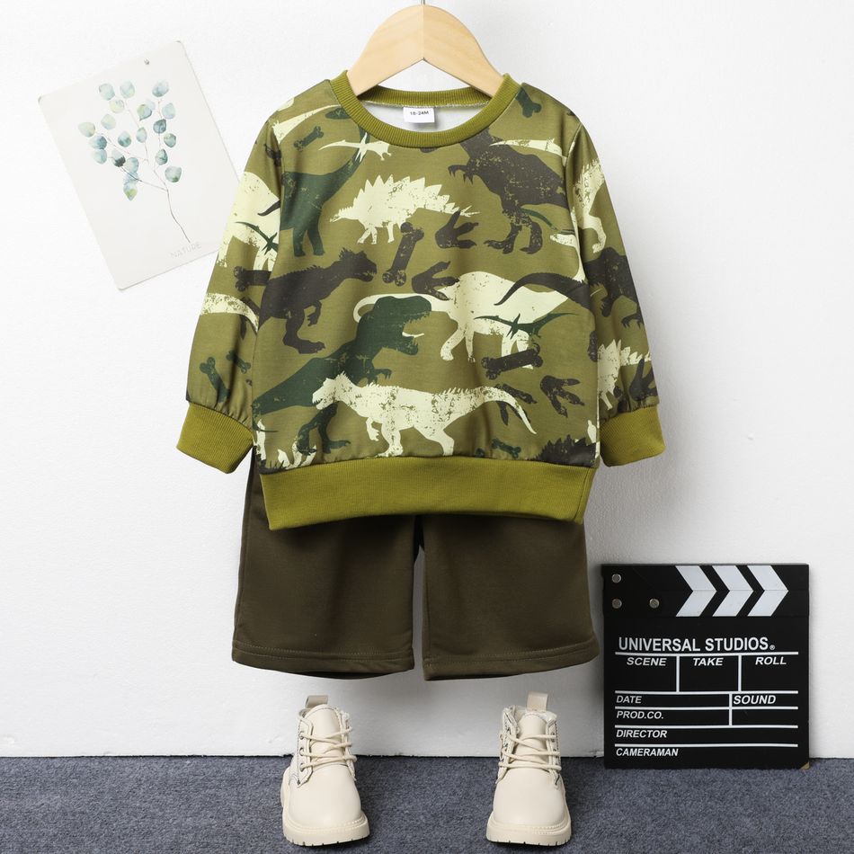 2pcs Toddler Boy Animal Dinosaur Print Sweatshirt and Green Shorts Set Green