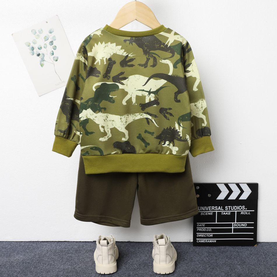 2pcs Toddler Boy Animal Dinosaur Print Sweatshirt and Green Shorts Set Green big image 2