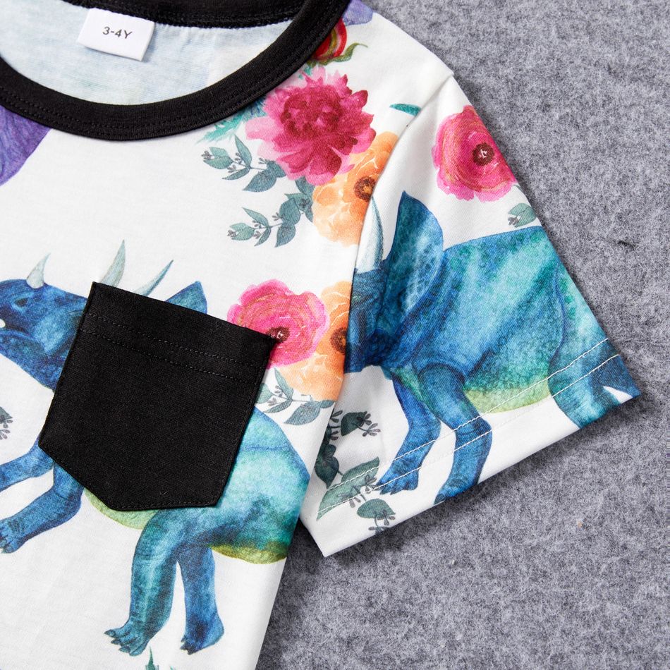 Family Matching Solid Short-sleeve Spliced Allover Dinosaur Print Belted Dresses and T-shirts Sets Colorful big image 11