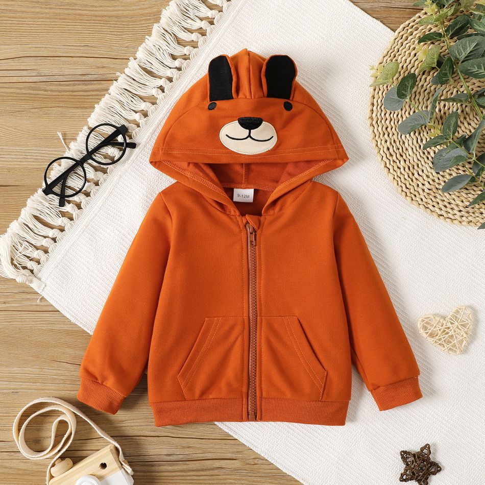 Baby Boy Embroidered Bear Ears Design Hooded Long-sleeve Zip Jacket Khaki