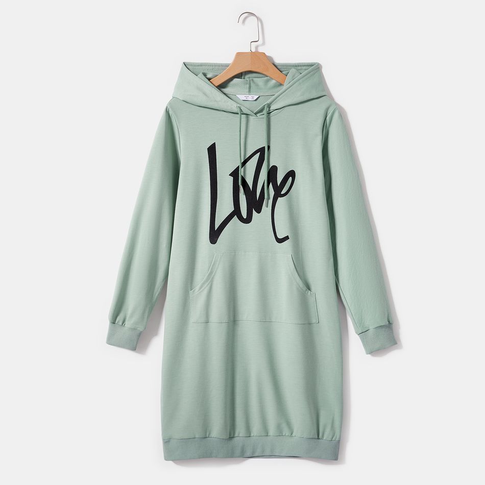 Letter Print Green Long-sleeve Drawstring Hoodie Dress for Mom and Me Green big image 5