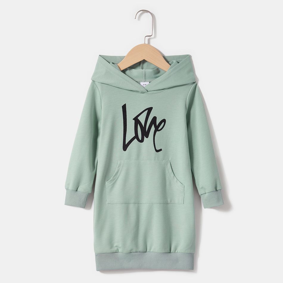 Letter Print Green Long-sleeve Drawstring Hoodie Dress for Mom and Me Green big image 15