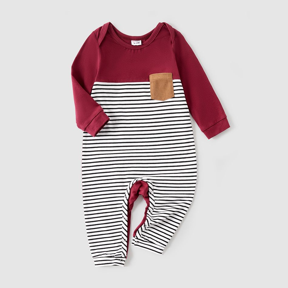 Family Matching 95% Cotton Striped Spliced T-shirts and Solid Surplice Neck Long-sleeve Dresses Sets Deep Magenta big image 19