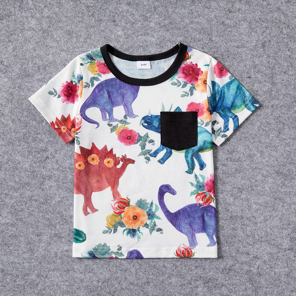 Family Matching Solid Short-sleeve Spliced Allover Dinosaur Print Belted Dresses and T-shirts Sets Colorful big image 9