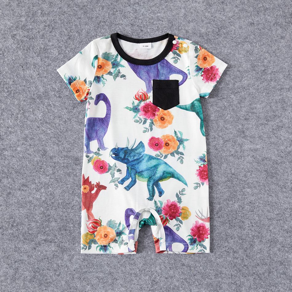 Family Matching Solid Short-sleeve Spliced Allover Dinosaur Print Belted Dresses and T-shirts Sets Colorful big image 10