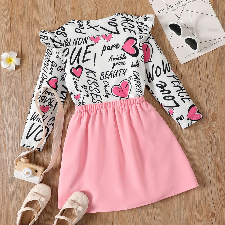 2pcs Kid Girl Letter Heart Print Ruffled Long-sleeve Tee Button Design Pink Skirt Set White big image 2