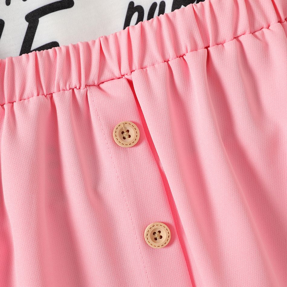2pcs Kid Girl Letter Heart Print Ruffled Long-sleeve Tee Button Design Pink Skirt Set White