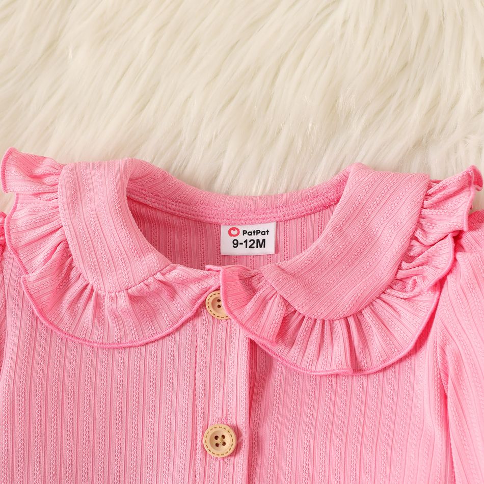 2pcs Baby Girl Allover Floral Print Tank Dress and Solid Rib Knit Ruffle Collar Long-sleeve Button Front Cardigan Set Pink big image 4