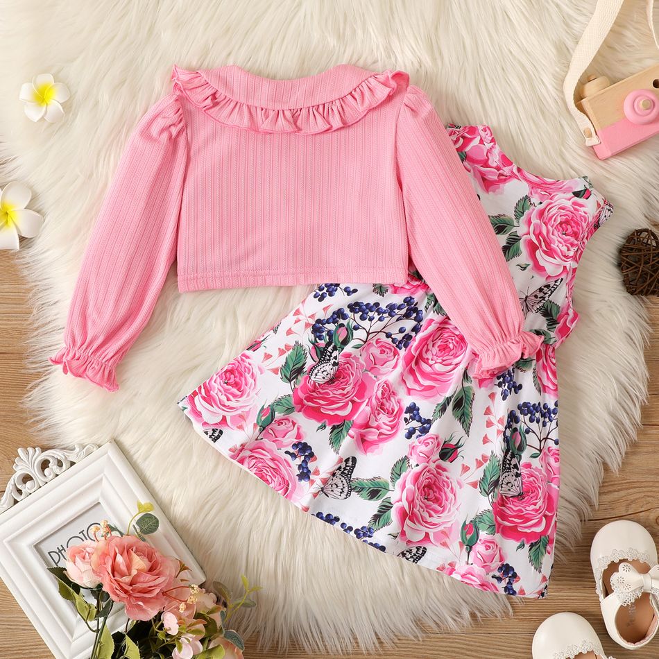2pcs Baby Girl Allover Floral Print Tank Dress and Solid Rib Knit Ruffle Collar Long-sleeve Button Front Cardigan Set Pink big image 2