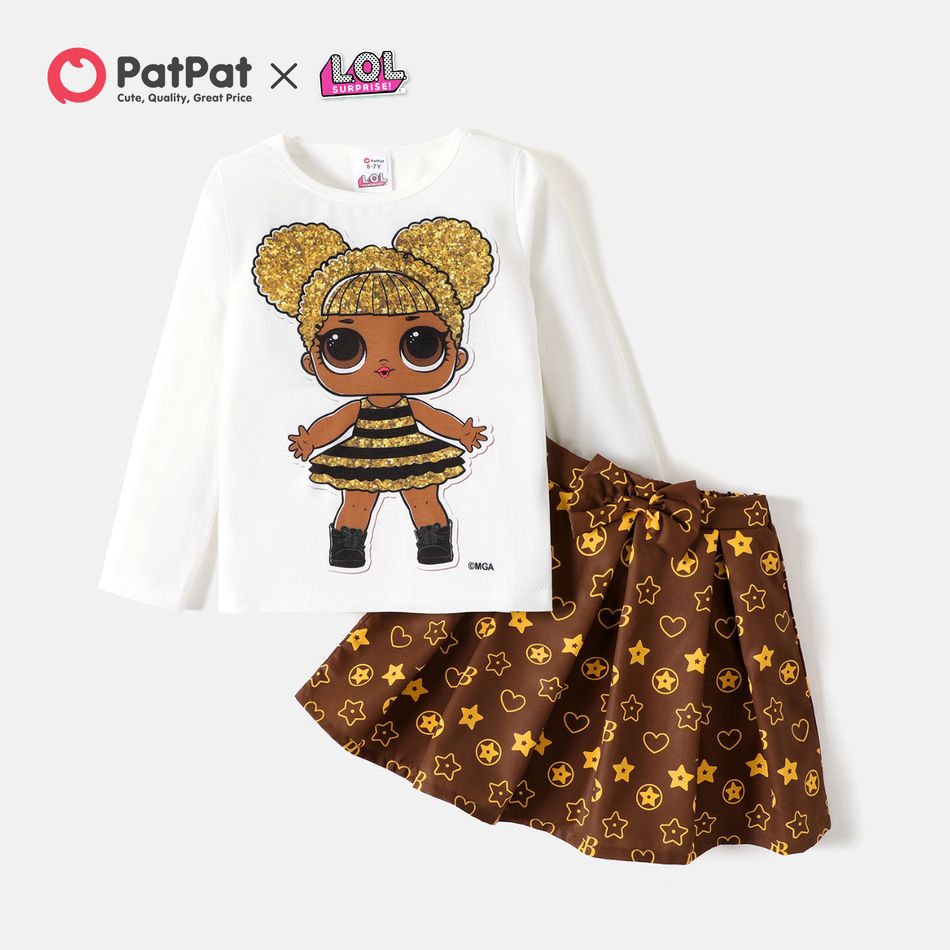 L.O.L. SURPRISE! 2pcs Kid Girl Character Print Long-sleeve Tee and Bowknot Design Allover Print Skirt Set White big image 1