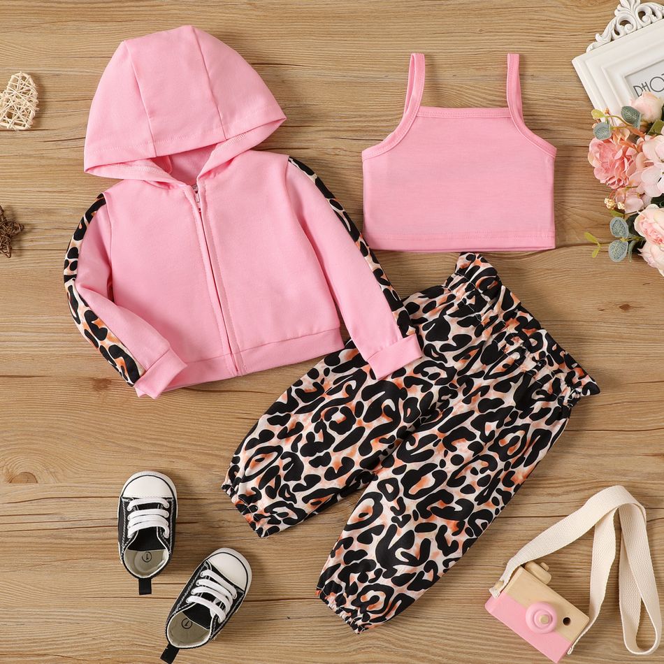 3pcs Baby Girl Long-sleeve Hooded Zip Jacket and Camisole with Leopard Print Pants Set ColorBlock
