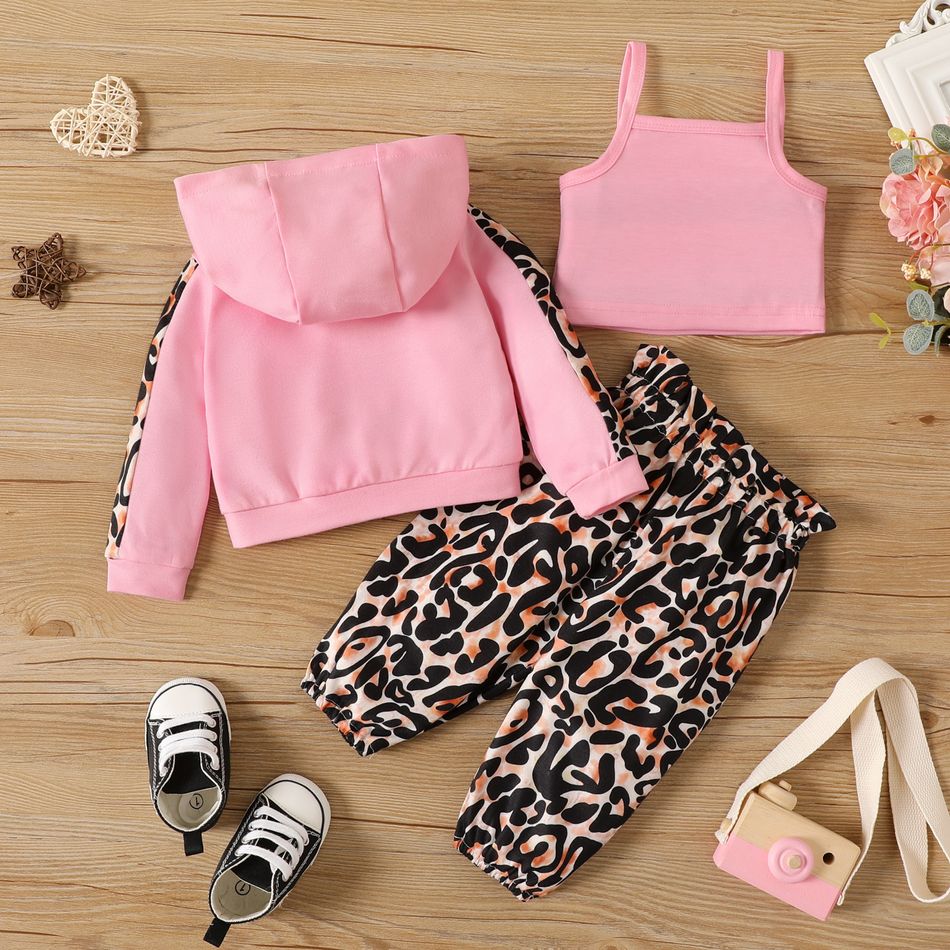 3pcs Baby Girl Long-sleeve Hooded Zip Jacket and Camisole with Leopard Print Pants Set ColorBlock big image 2
