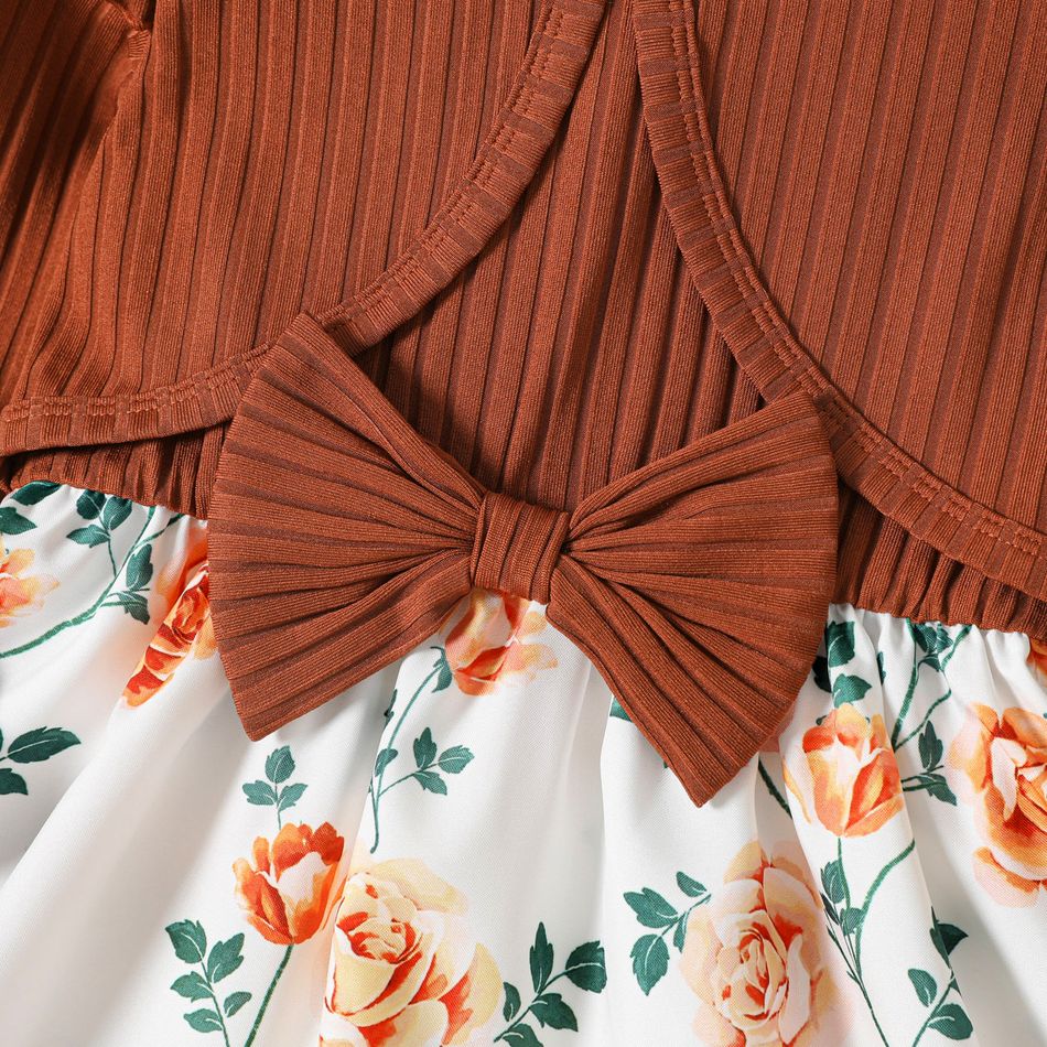 Toddler Girl Faux-two Floral Print Ribbed Splice Bowknot Design Long-sleeve Dress Orange big image 4