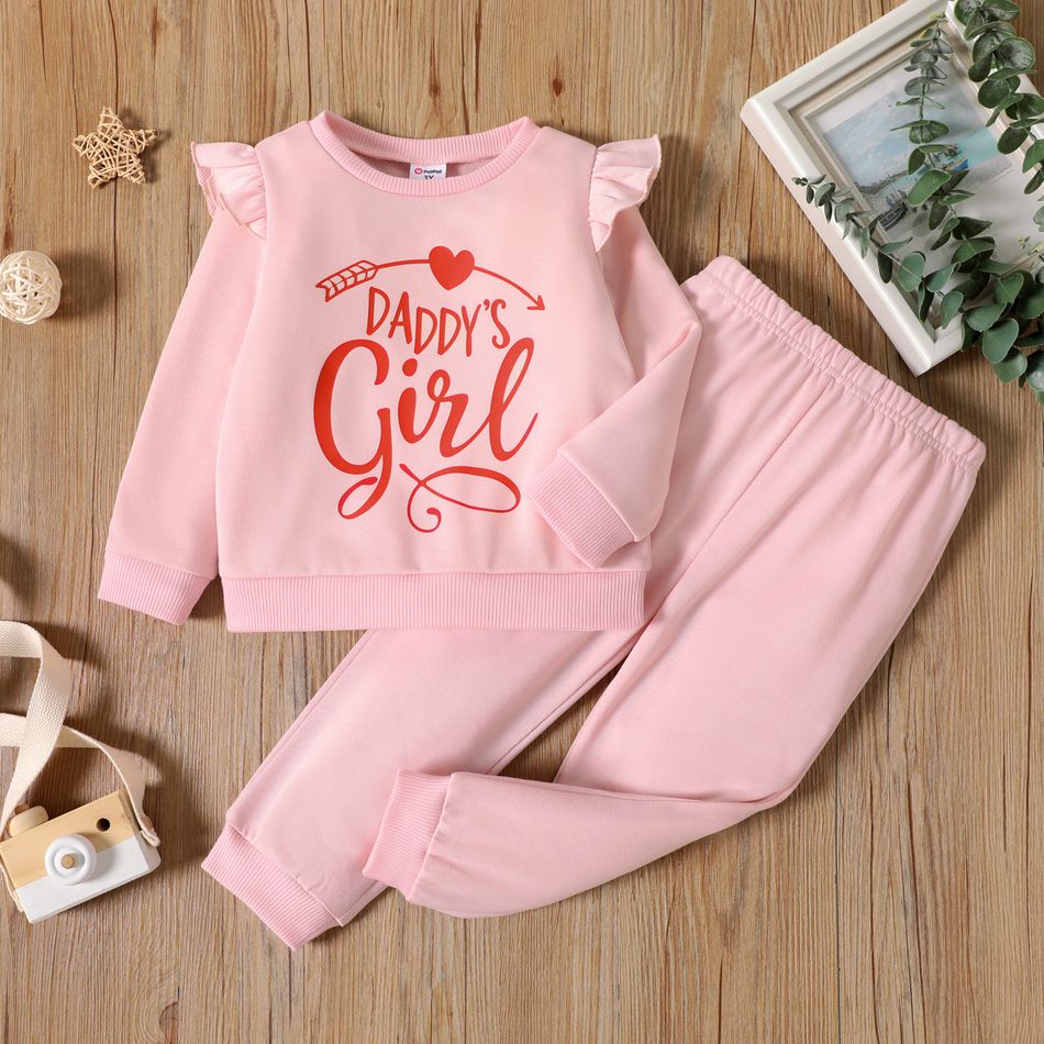 2pcs Toddler Girl Letter Print Ruffled Long-sleeve Pink Tee and Elasticized Pants Set Pink big image 1