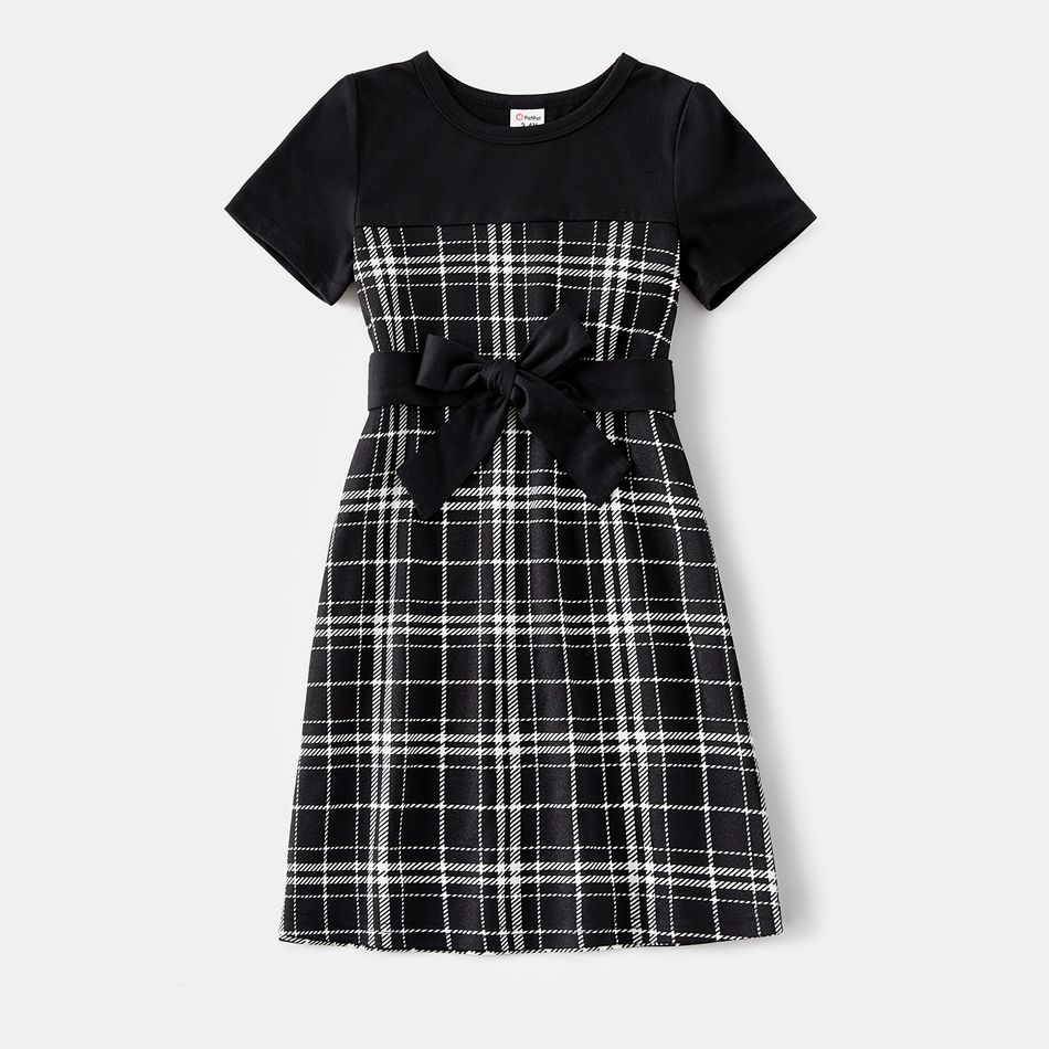 Family Matching Black Short-sleeve Spliced Plaid Dresses and Tops Sets Black big image 7