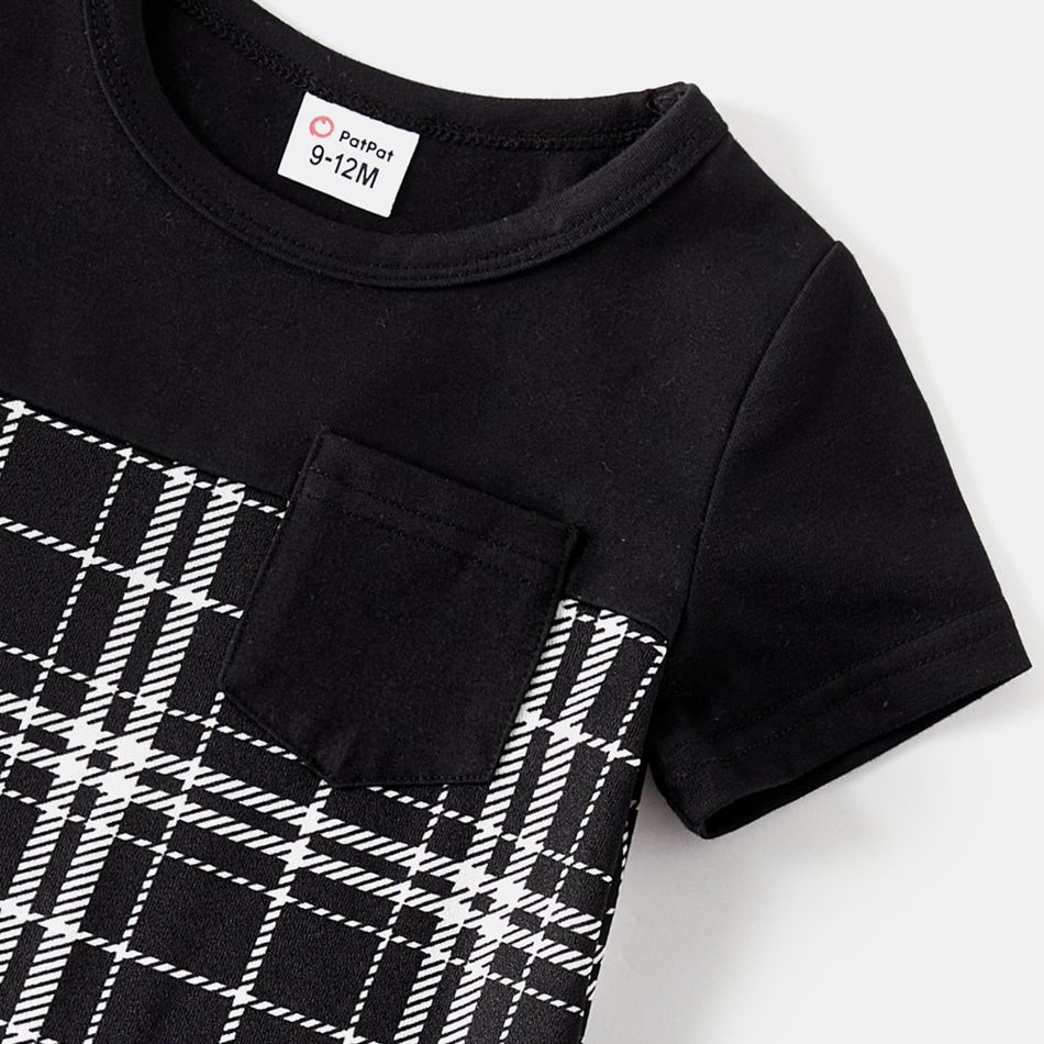 Family Matching Black Short-sleeve Spliced Plaid Dresses and Tops Sets Black big image 14