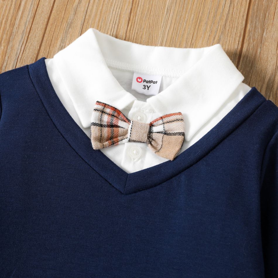 2pcs Toddler Boy Preppy style Faux-two Lapel Collar Bow tie Design Long-sleeve Shirt and Plaid Pants Set royalblue big image 3