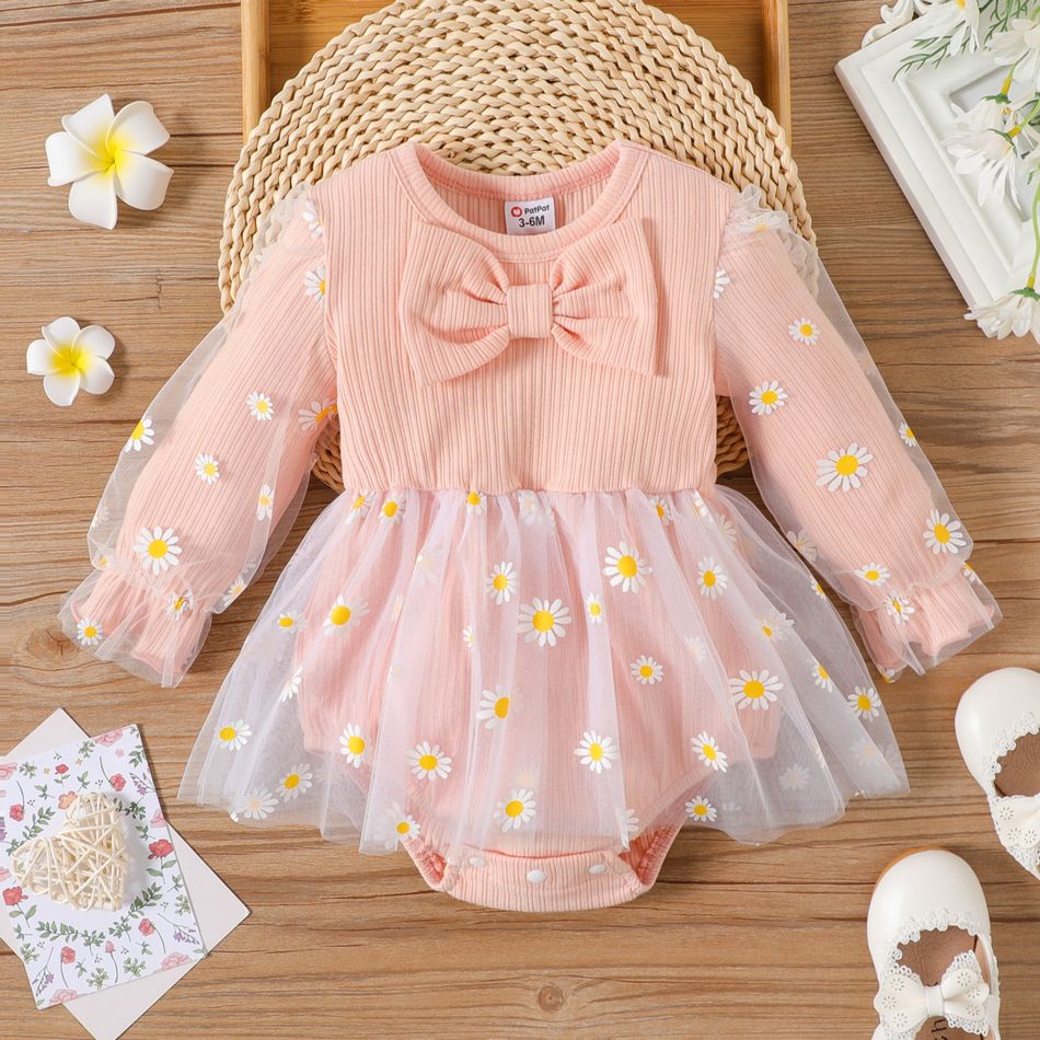 Baby Girl Allover Daisy Floral Print Mesh Spliced Rib Knit Bow Front Long-sleeve Romper Pink