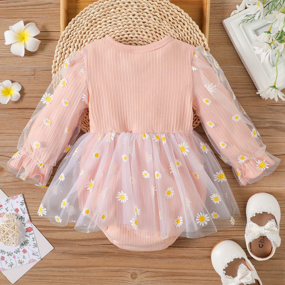 Baby Girl Allover Daisy Floral Print Mesh Spliced Rib Knit Bow Front Long-sleeve Romper Pink big image 3