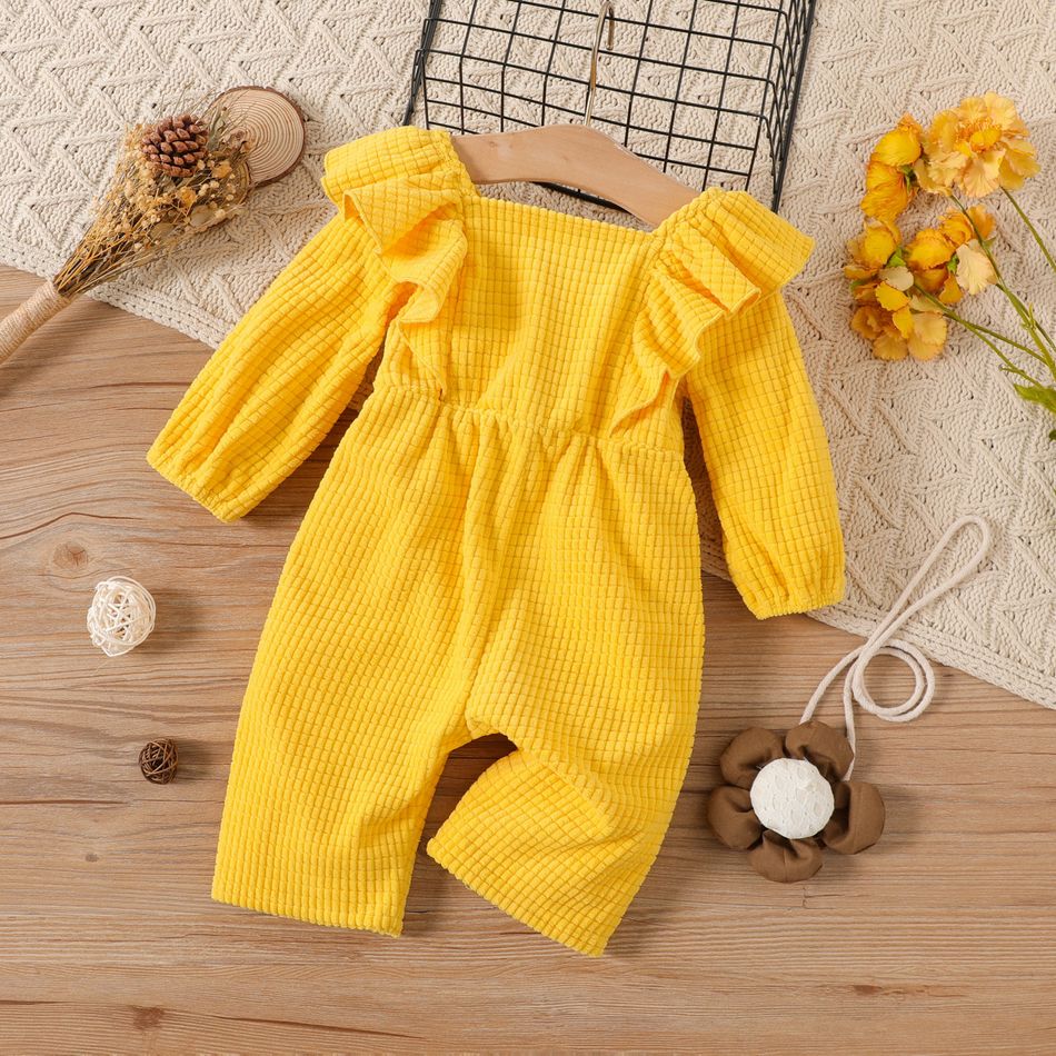 Baby Girl Button Front Yellow Textured Ruffle Trim Long-sleeve Jumpsuit Yellow big image 2