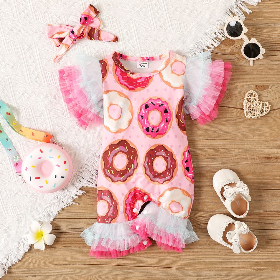 2pcs Baby Girl Allover Donut Print Layered Mesh Short-sleeve Jumpsuit with Headband Set Multi-color