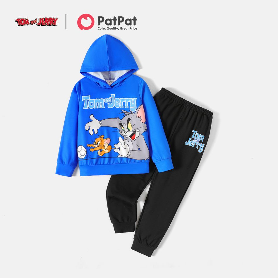 Tom and Jerry 2pcs Kid Boy Letter Characters Print Hoodie Sweatshirt and Pants Set Azure
