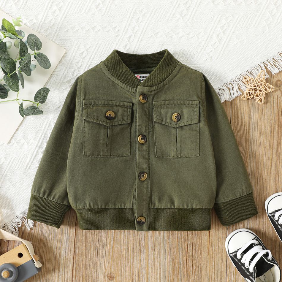 100% Cotton Baby Boy Button Front Army Green Long-sleeve Jacket Army green big image 1
