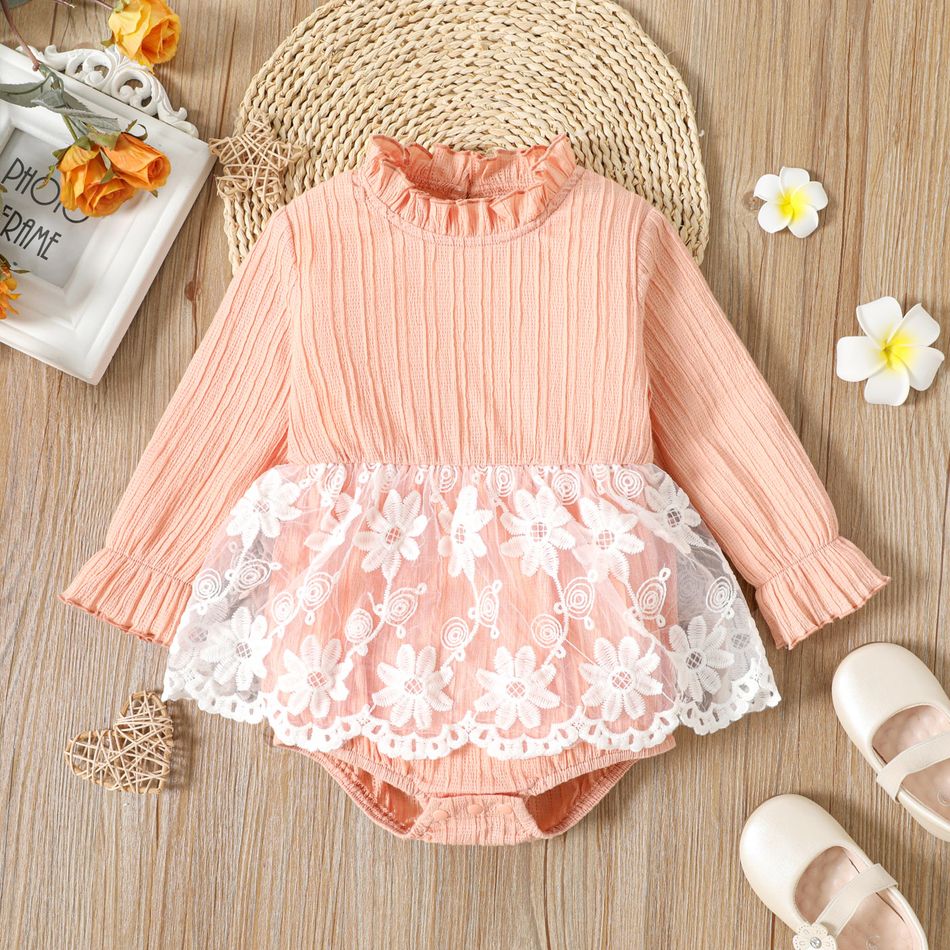 Baby Girl Solid Textured Frill Mock Neck Long-sleeve Spliced Embroidered Mesh Romper Color block