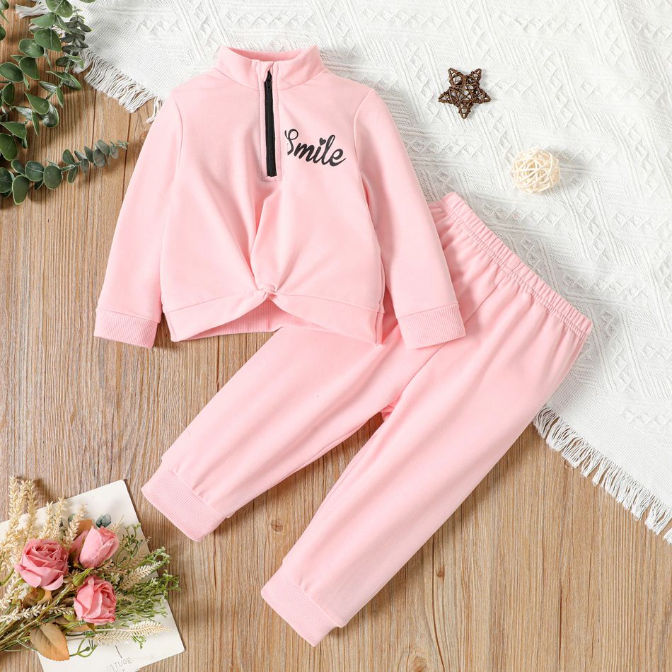 2pcs Baby Girl Letter Print Pink Twist Knot Long-sleeve Sweatshirt and Sweatpants Set Pink big image 1