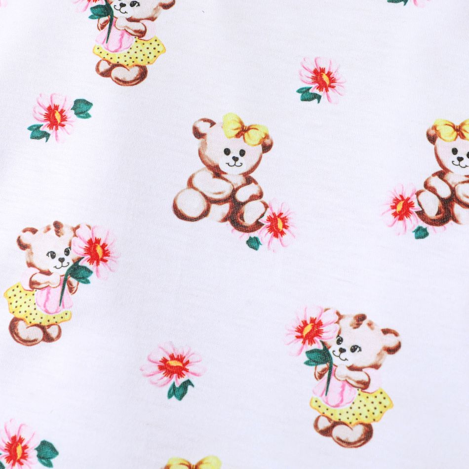 2pcs Baby Girl Allover Bear Print Ruffle Long-sleeve Tee and Embroidered Overalls Set Color block big image 5
