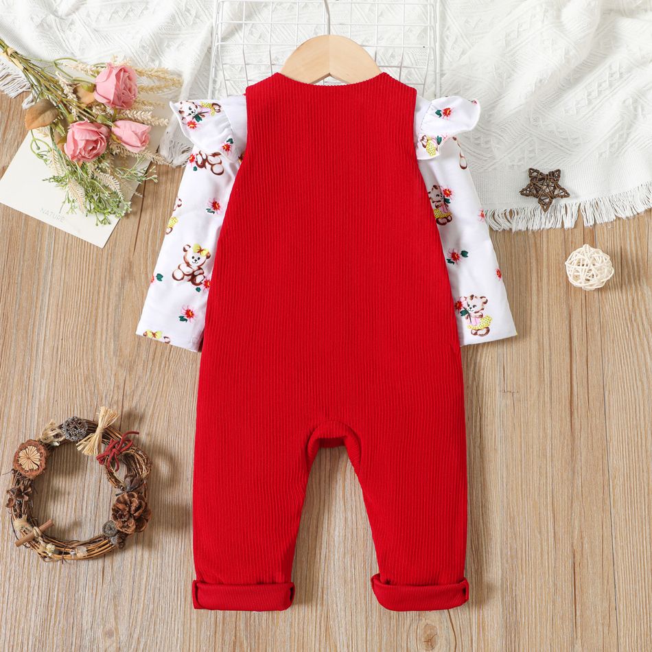 2pcs Baby Girl Allover Bear Print Ruffle Long-sleeve Tee and Embroidered Overalls Set Color block big image 2