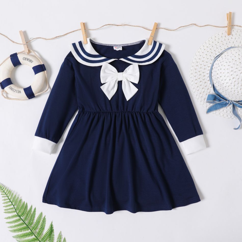 Toddler Girl Preppy style Bowknot Design Long-sleeve Sailor Dress royalblue big image 1