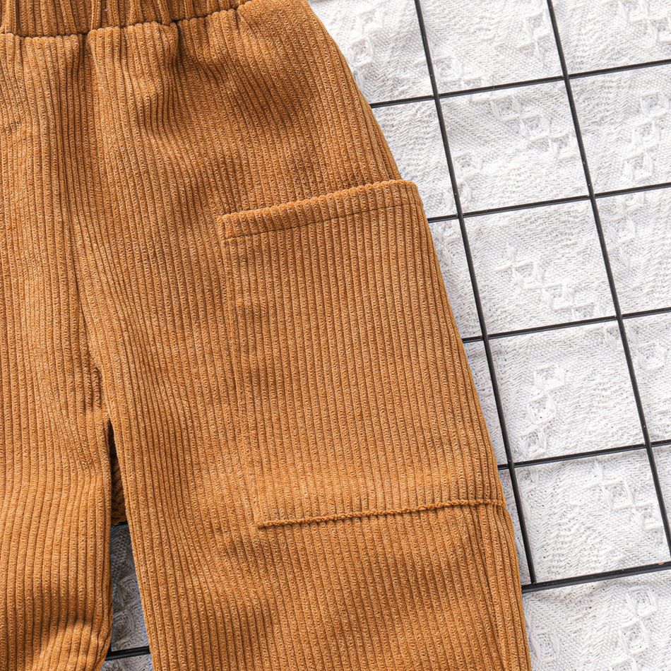 Toddler Boy Solid Color Ribbed Pocket Design Pants Brown big image 3