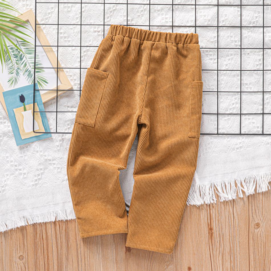Toddler Boy Solid Color Ribbed Pocket Design Pants Brown big image 2