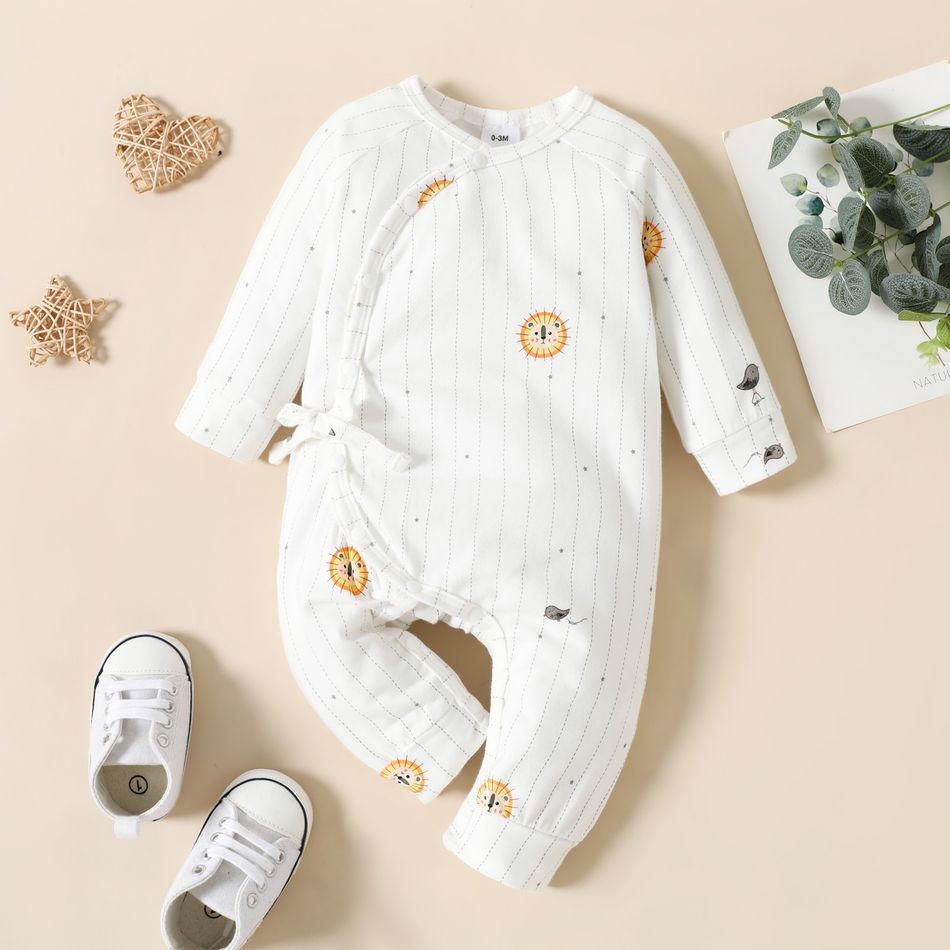 100% Cotton Baby Striped Lion Long-sleeve White Jumpsuit White