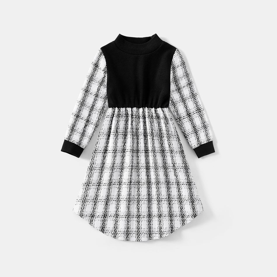 Family Matching Black Spliced Plaid Tweed Mock Neck Dresses and Long-sleeve Polo Shirts Sets BlackandWhite big image 7