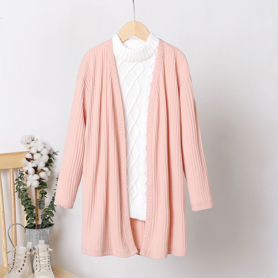Kid Girl Solid Color Ribbed Open Front Midi Cardigan Coat Pink