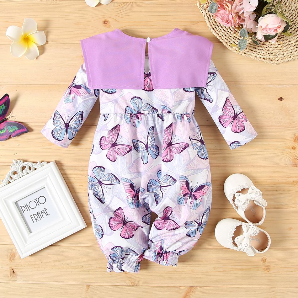 Baby Girl Statement Collar Long-sleeve Allover Butterfly Print Jumpsuit purplewhite big image 2