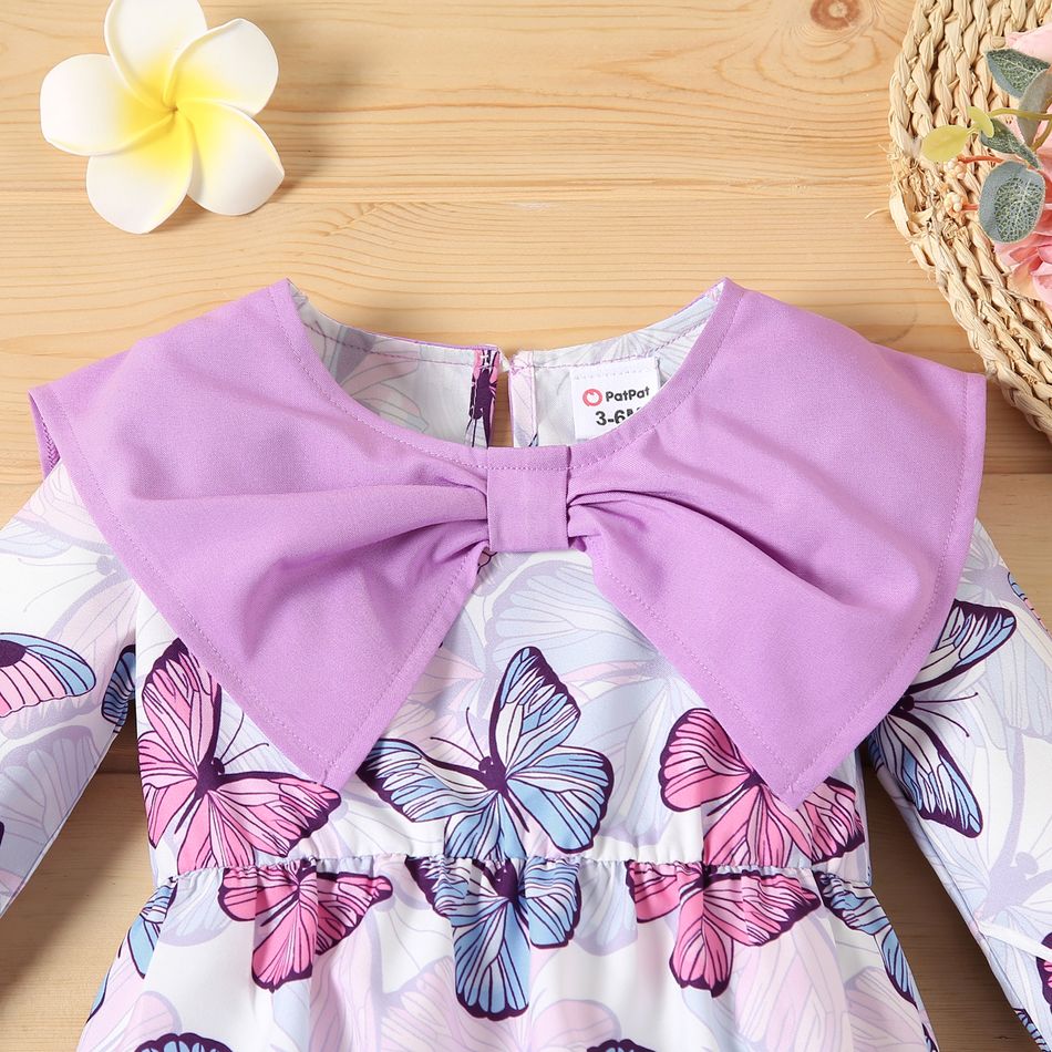 Baby Girl Statement Collar Long-sleeve Allover Butterfly Print Jumpsuit purplewhite big image 3