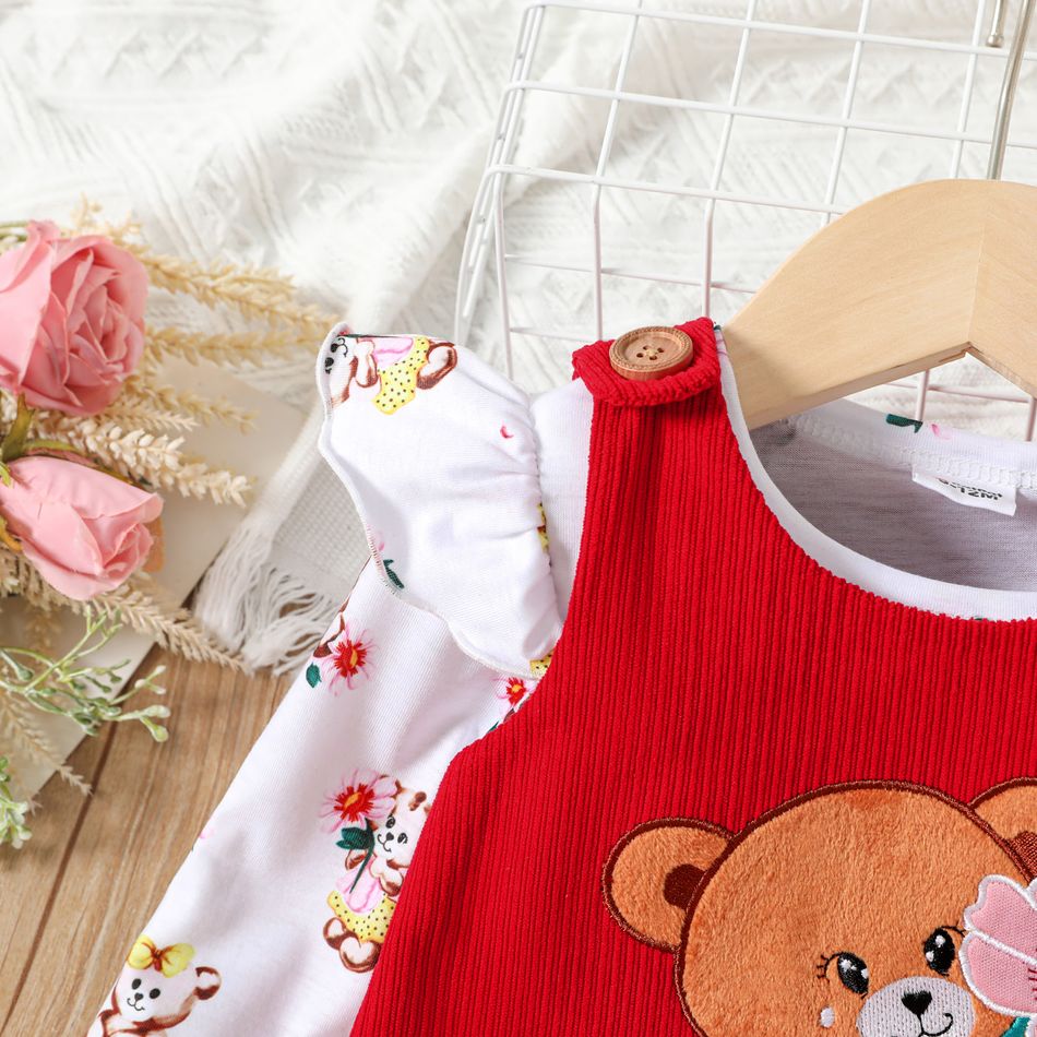 2pcs Baby Girl Allover Bear Print Ruffle Long-sleeve Tee and Embroidered Overalls Set Color block big image 3