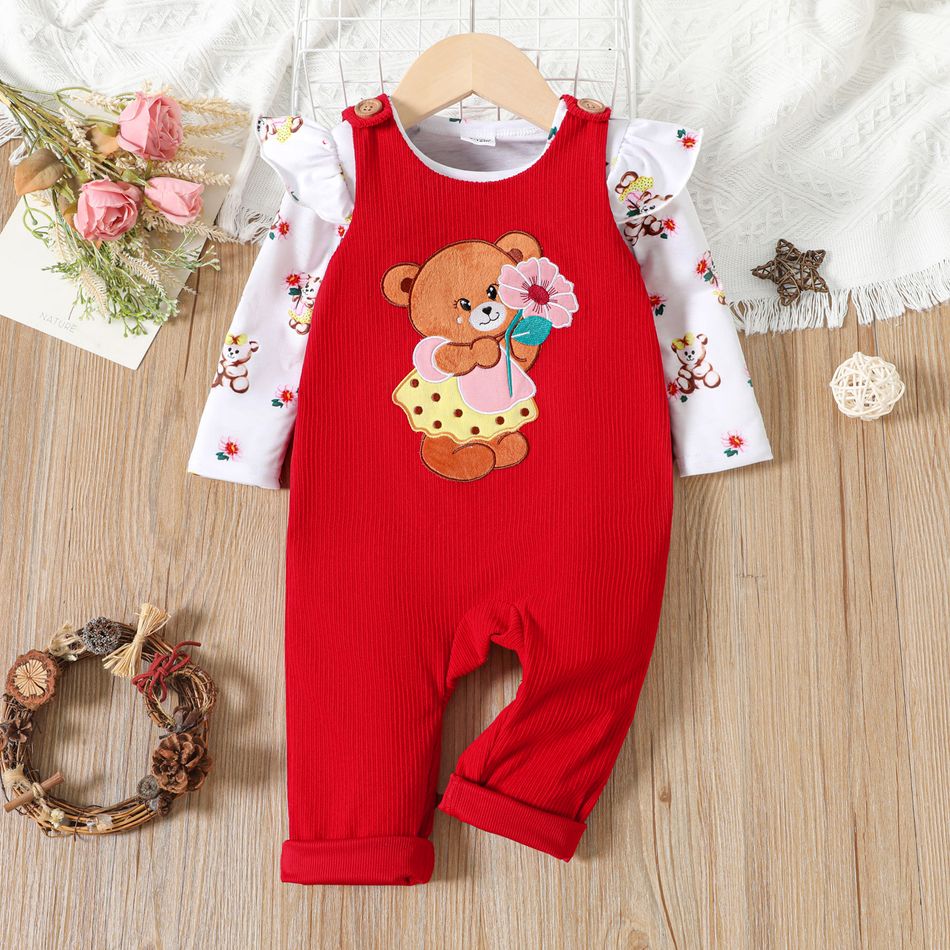 2pcs Baby Girl Allover Bear Print Ruffle Long-sleeve Tee and Embroidered Overalls Set Color block big image 1