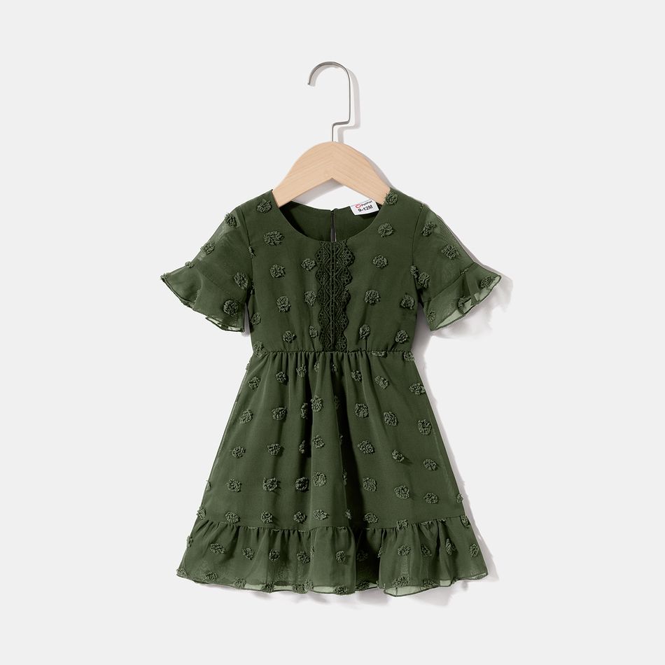 Mommy and Me Army Green Ruffle-sleeve Lace Detail Swiss Dot Dress Army green big image 8