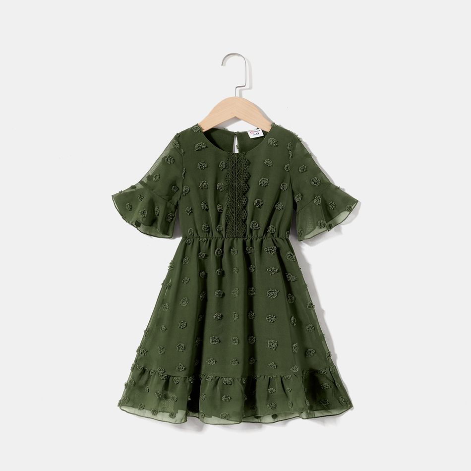 Mommy and Me Army Green Ruffle-sleeve Lace Detail Swiss Dot Dress Army green big image 7
