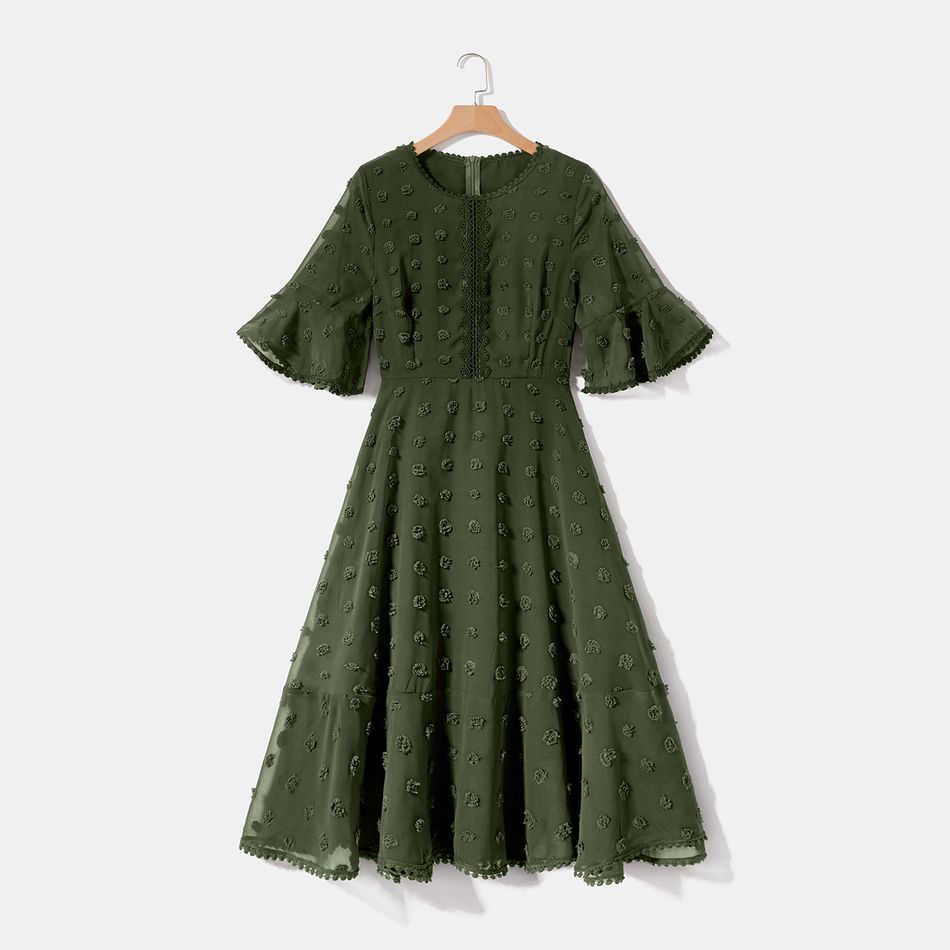 Mommy and Me Army Green Ruffle-sleeve Lace Detail Swiss Dot Dress Army green big image 2