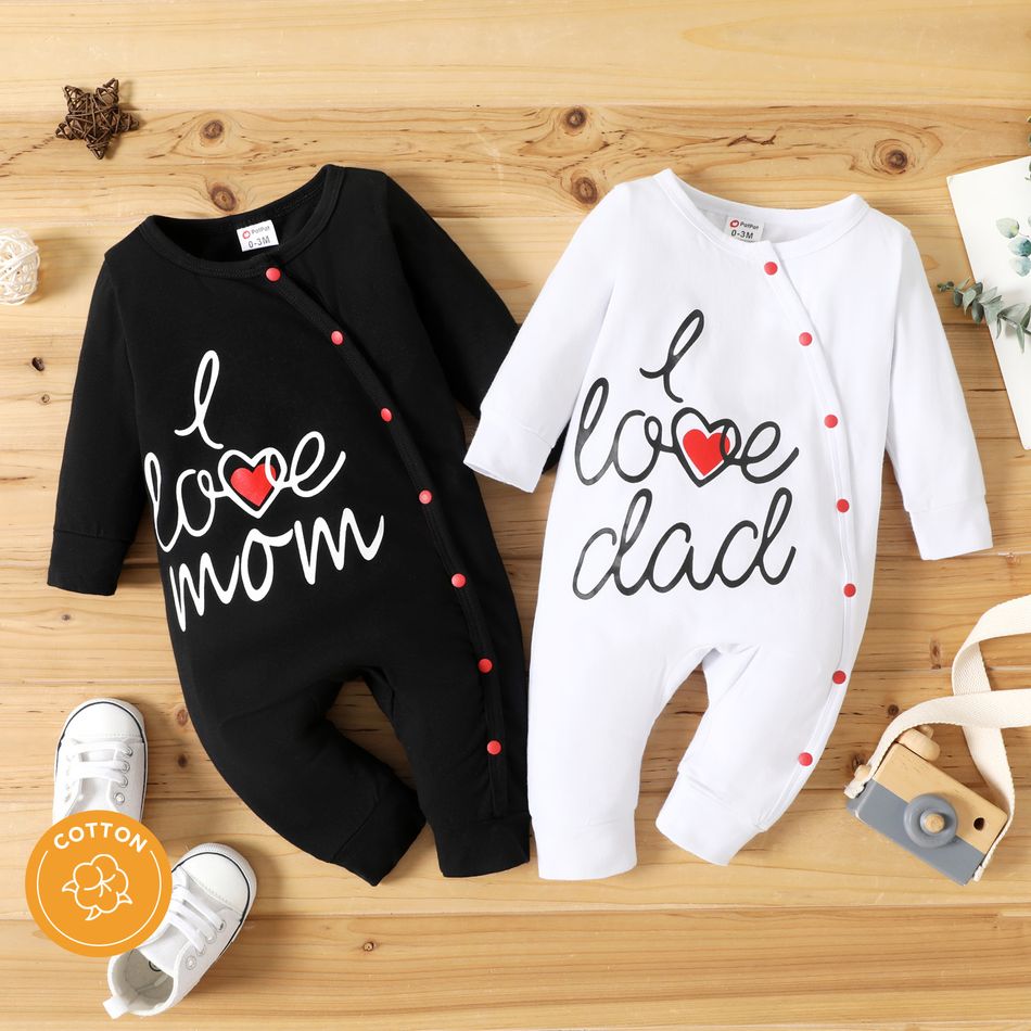 Baby Boy/Girl 95% Cotton Long-sleeve Love Heart & Letter Print Snap Jumpsuit White