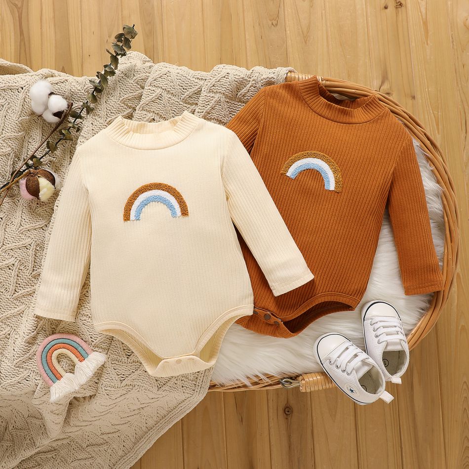 Baby Boy/Girl Rainbow Embroidered Rib Knit Mock Neck Long-sleeve Romper Brown big image 2